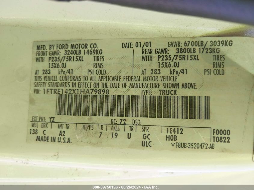 2001 Ford E-150 Commercial/Recreational VIN: 1FTRE142X1HA79898 Lot: 39750196