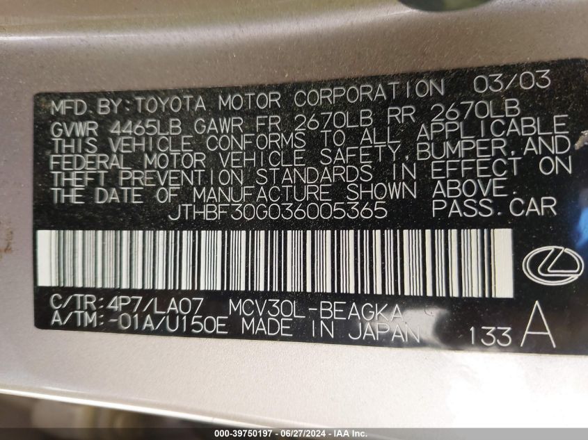 2003 Lexus Es 300 VIN: JTHBF30G036005365 Lot: 39750197