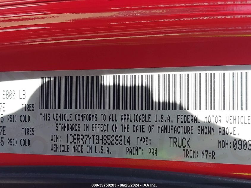 2017 Ram 1500 Rebel 4X4 5'7 Box VIN: 1C6RR7YT9HS529314 Lot: 39750203