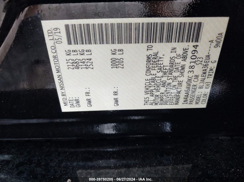 2019 Nissan Maxima 3.5 Sl VIN: 1N4AA6AV0KC381094 Lot: 39750205