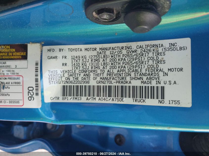 2006 Toyota Tacoma Dbl Cab Prerunner Lng Bed VIN: 5TEKU72N36Z202998 Lot: 39750210