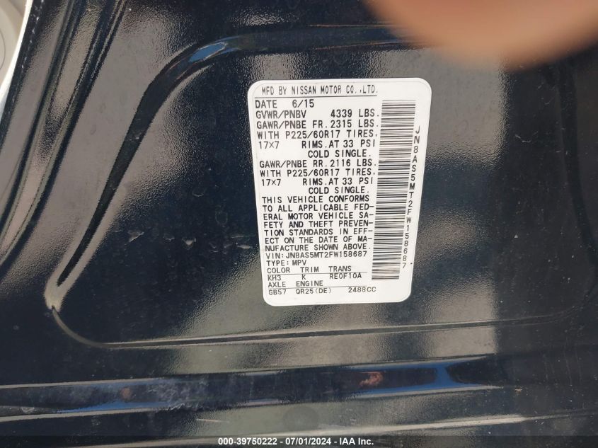 2015 Nissan Rogue Select S VIN: JN8AS5MT2FW158687 Lot: 39750222