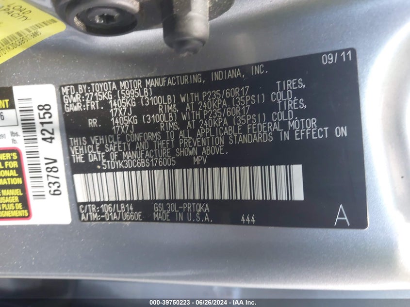 2011 Toyota Sienna Xle V6 VIN: 5TDYK3DC6BS176005 Lot: 39750223