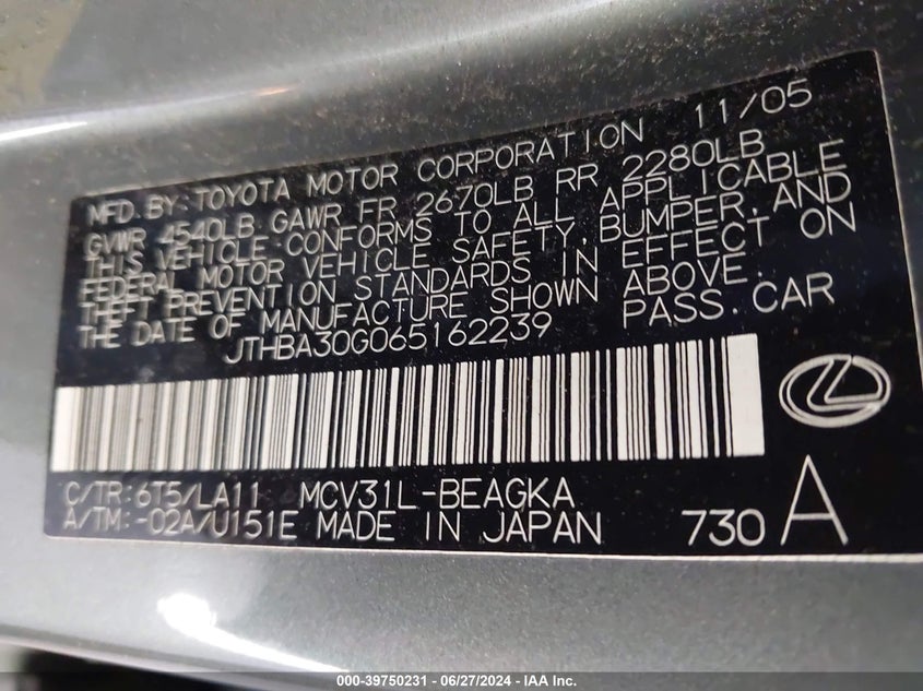 2006 Lexus Es 330 330 VIN: JTHBA30G065162239 Lot: 39750231