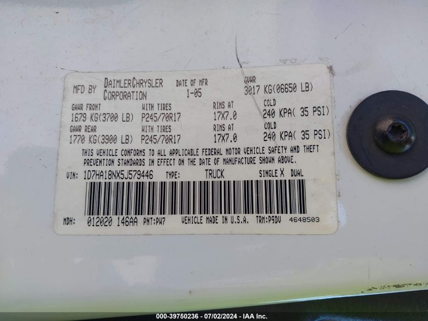 2005 Dodge Ram 1500 St/Slt VIN: 1D7HA18NX5J579446 Lot: 39750236