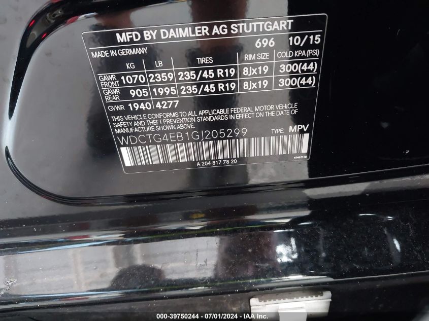2016 Mercedes-Benz Gla 250 VIN: WDCTG4EB1GJ205299 Lot: 39750244