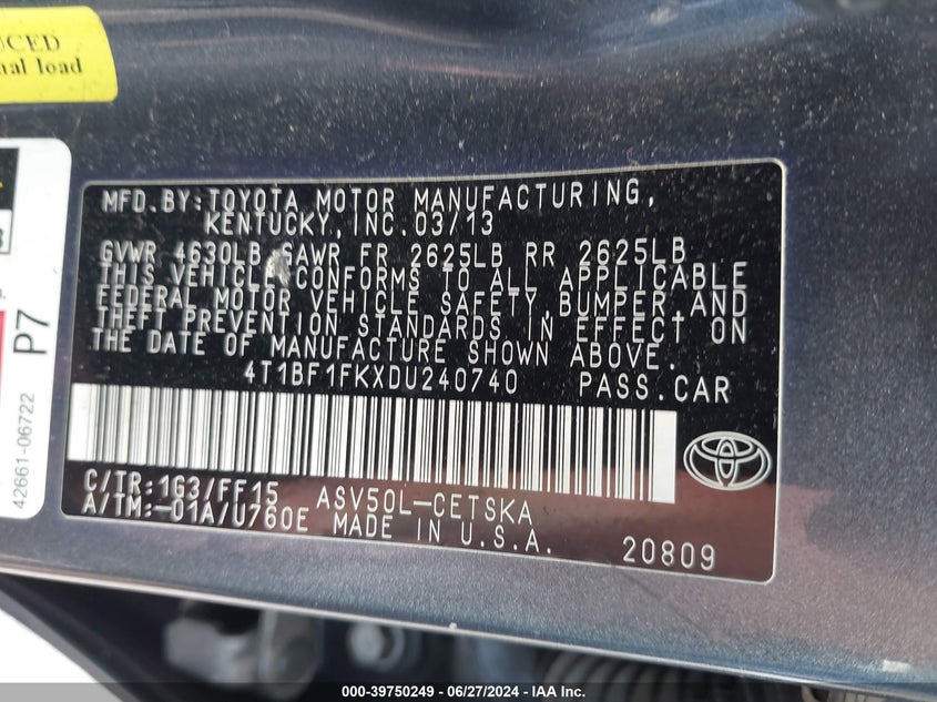 2013 Toyota Camry Se VIN: 4T1BF1FKXDU240740 Lot: 39750249