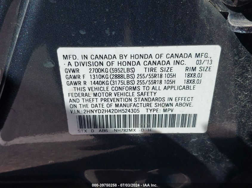 2013 Acura Mdx Technology Package VIN: 2HNYD2H42DH524305 Lot: 39750258