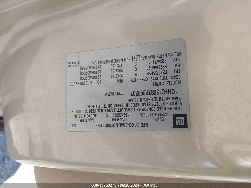 2007 Chevrolet Tahoe Lt VIN: 1GNFC13087R396307 Lot: 39750273