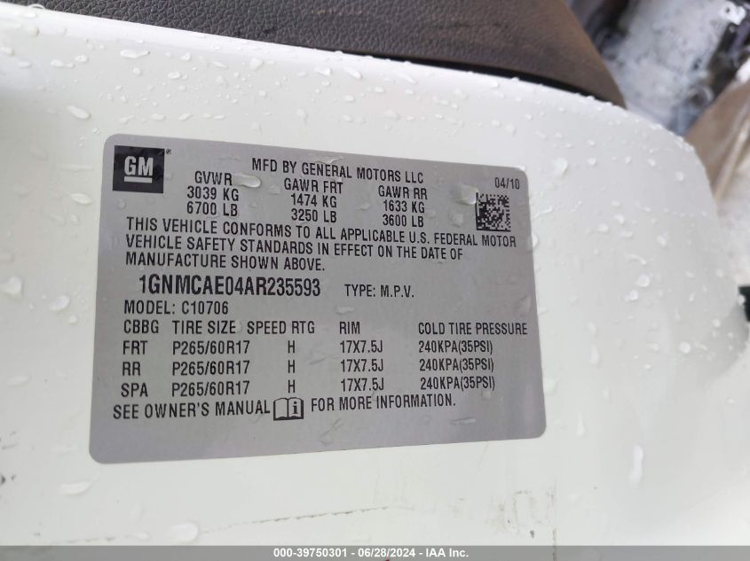 2010 Chevrolet Tahoe Ls VIN: 1GNMCAE04AR235593 Lot: 39750301