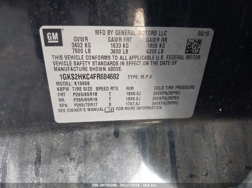 2015 GMC YUKON XL 1500 SLT - 1GKS2HKC4FR684682