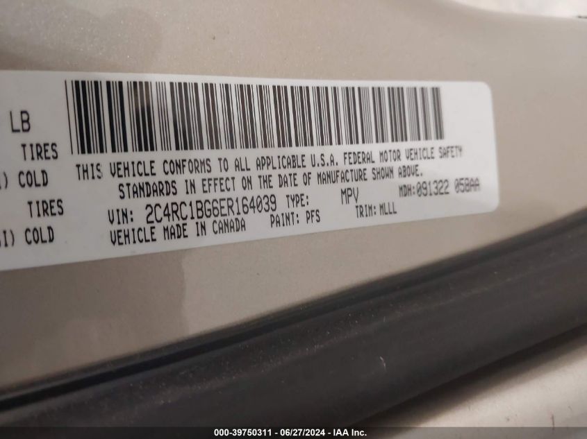 2014 Chrysler Town & Country Touring VIN: 2C4RC1BG6ER164039 Lot: 39750311