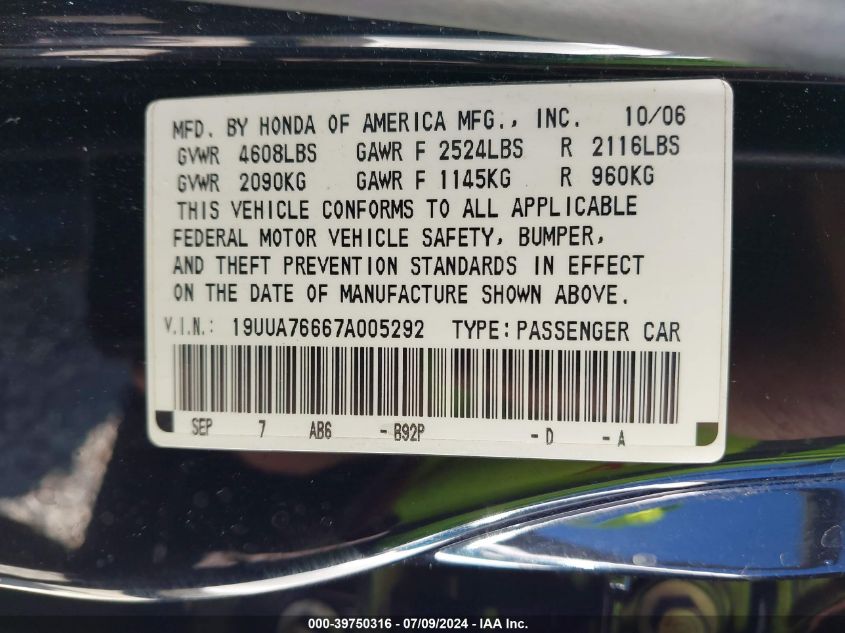 2007 Acura Tl Type S VIN: 19UUA76667A005292 Lot: 39750316