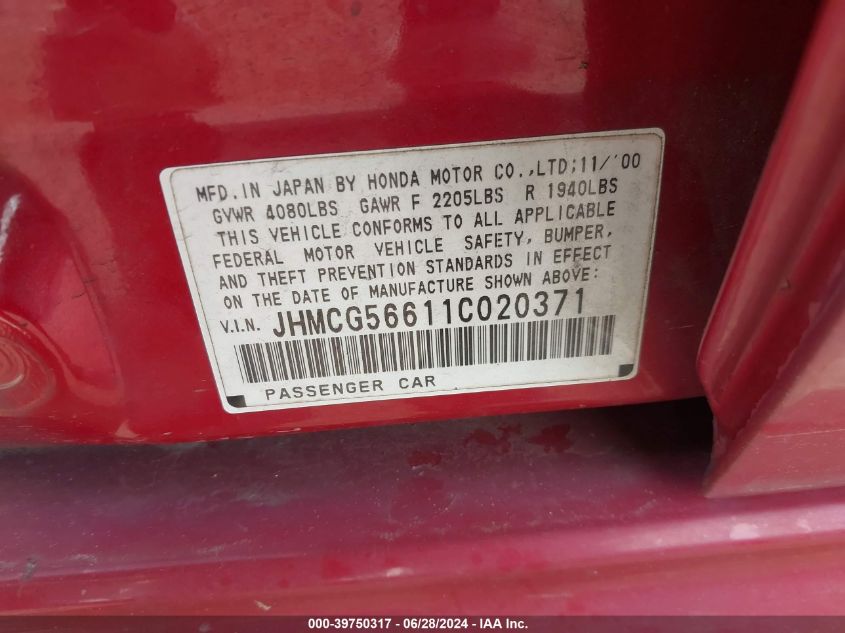 2001 Honda Accord Ex VIN: JHMCG56611C020371 Lot: 39750317