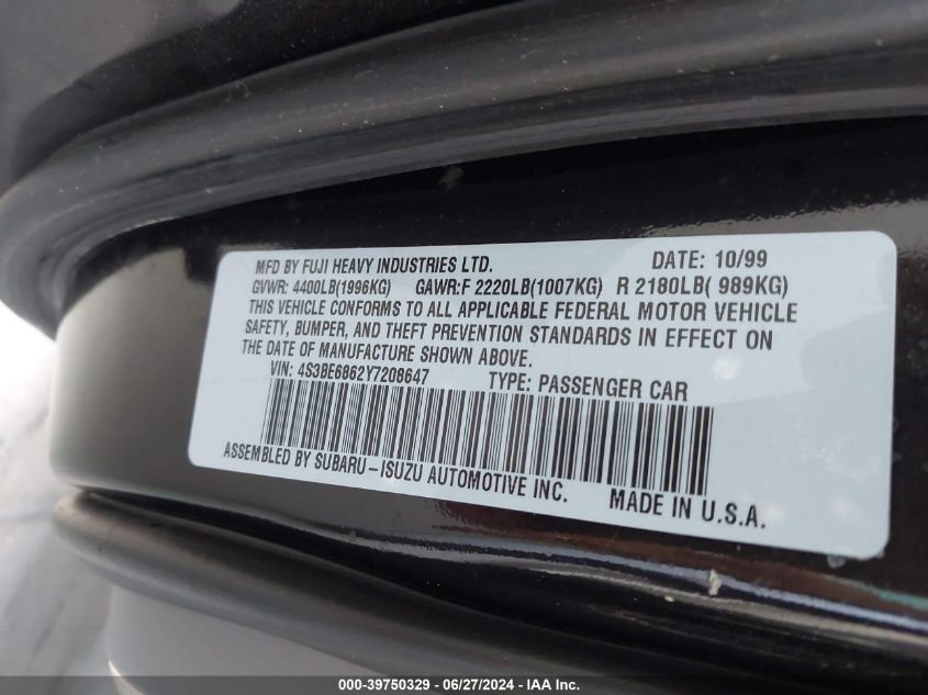 2000 Subaru Outback Limited VIN: 4S3BE6862Y7208647 Lot: 39750329