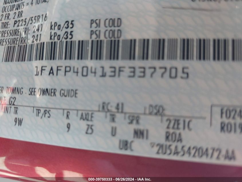 2003 Ford Mustang VIN: 1FAFP40413F337705 Lot: 39750333