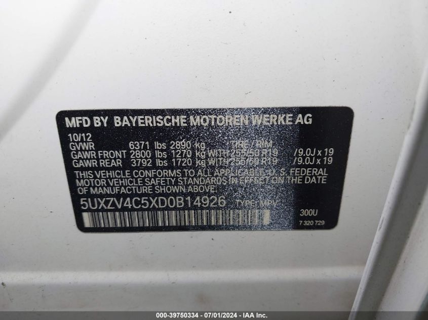 2013 BMW X5 xDrive35I/xDrive35I Premium/xDrive35I Sport Activity VIN: 5UXZV4C5XD0B14926 Lot: 39750334