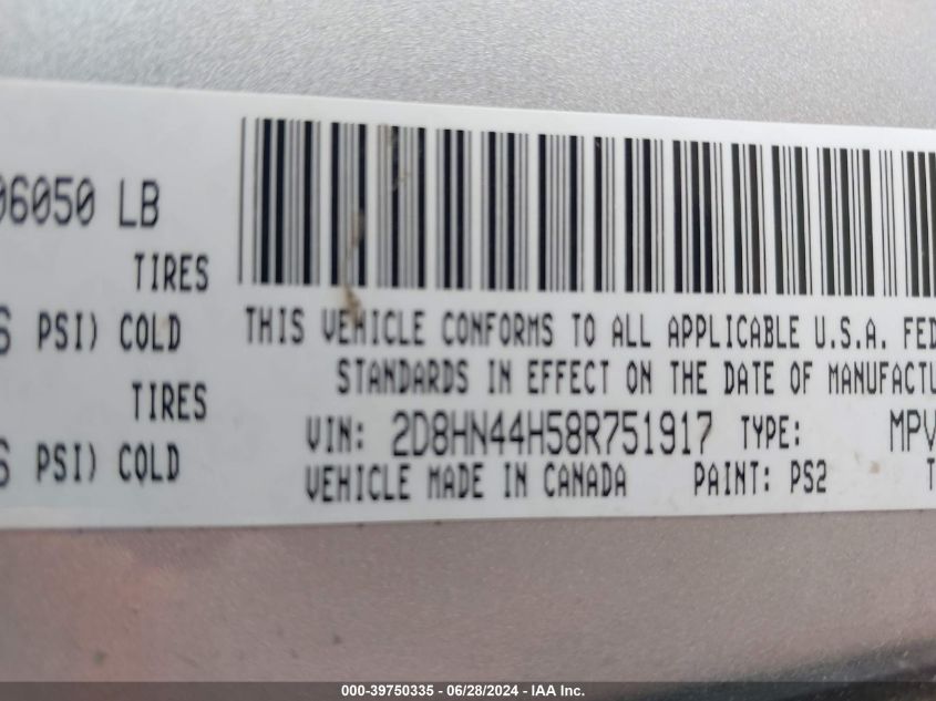 2008 Dodge Grand Caravan Se VIN: 2D8HN44H58R751917 Lot: 39750335