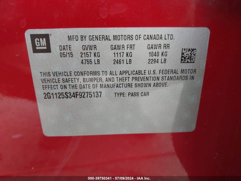 2015 Chev Impala Lt2 2Lt VIN: 2G1125S34F9275137 Lot: 39750341