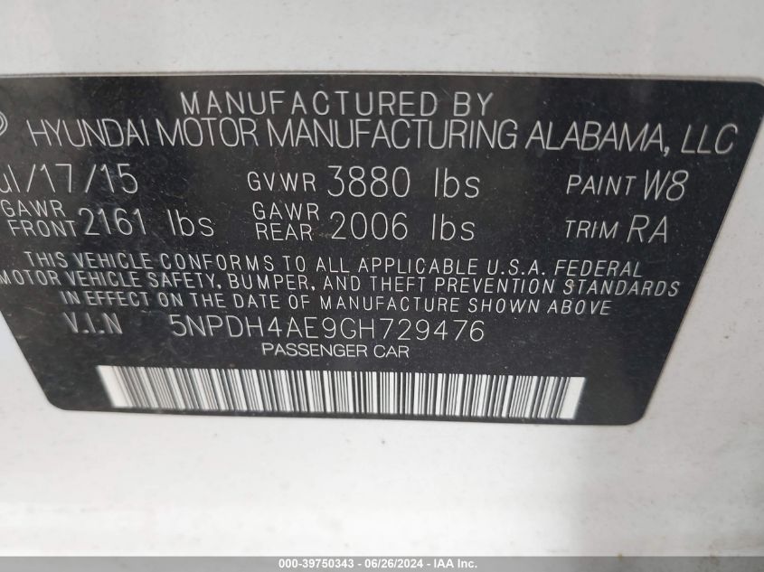 2016 HYUNDAI ELANTRA SE - 5NPDH4AE9GH729476