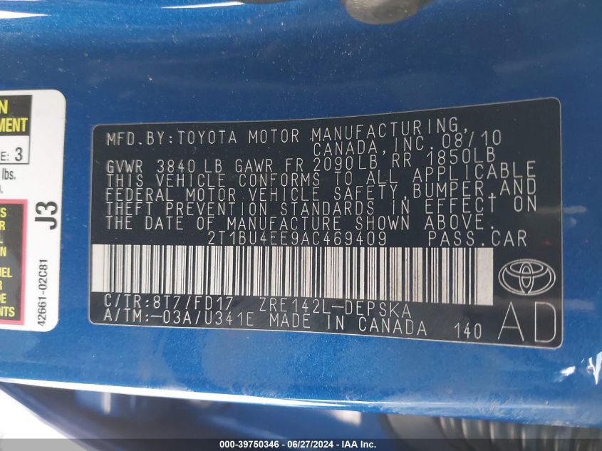 2010 Toyota Corolla S VIN: 2T1BU4EE9AC469409 Lot: 39750346