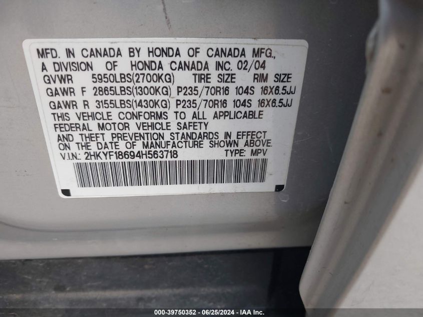 2004 Honda Pilot Ex-L VIN: 2HKYF18694H563718 Lot: 39750352