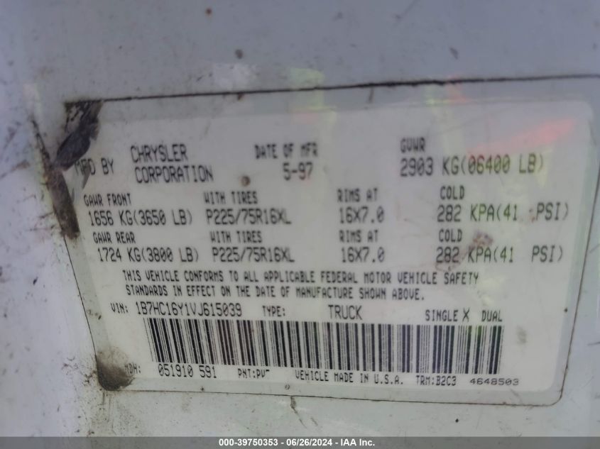 1997 Dodge Ram 1500 Lt VIN: 1B7HC16Y1VJ615039 Lot: 39750353