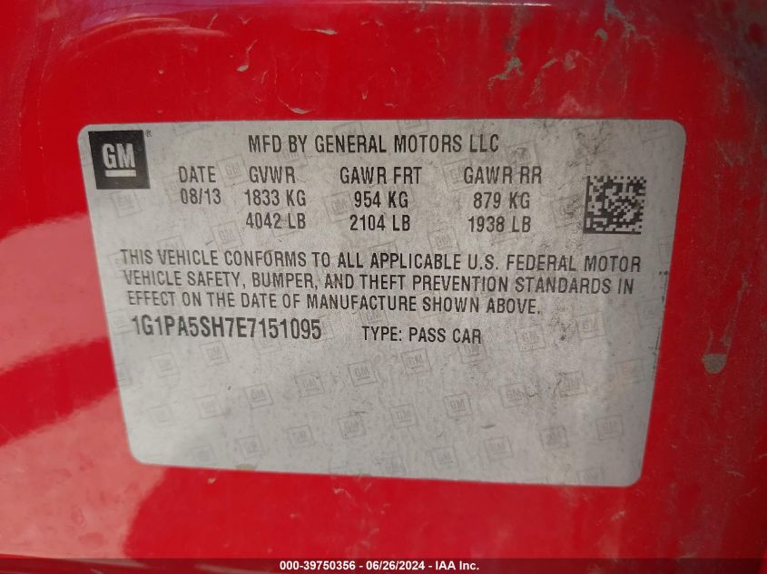 2014 Chevrolet Cruze Ls Auto VIN: 1G1PA5SH7E7151095 Lot: 39750356