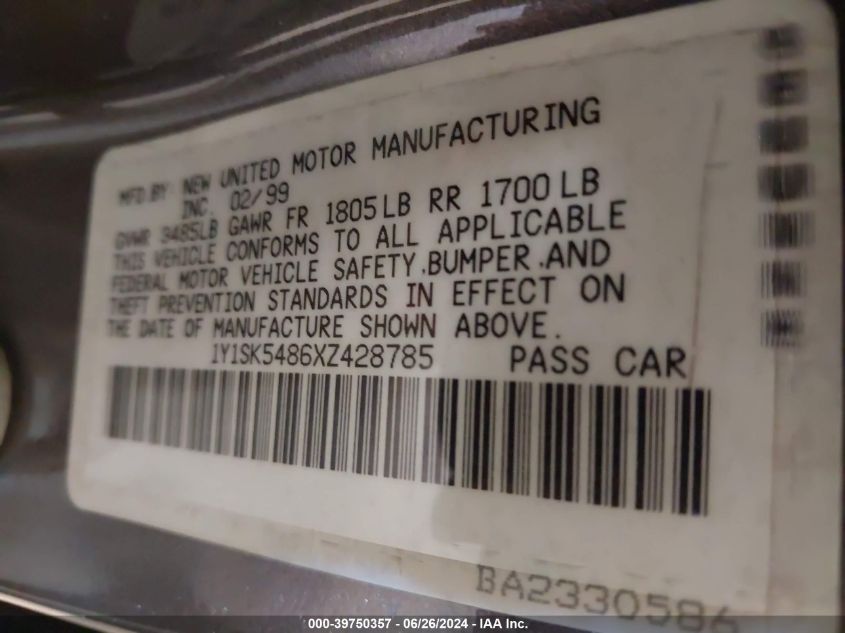 1999 Chevrolet Prizm VIN: 1Y1SK5486XZ428785 Lot: 39750357