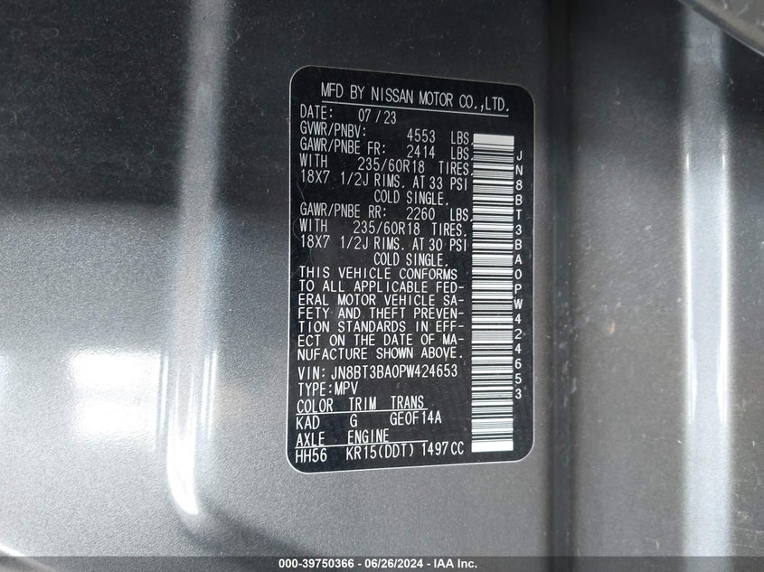 VIN JN8BT3BA0PW424653 2023 NISSAN ROGUE SV