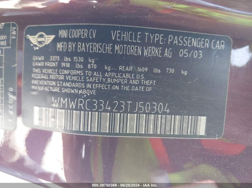 2003 Mini Cooper VIN: WMWRC33423TJ50304 Lot: 39750369