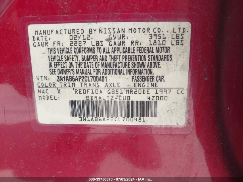 2012 Nissan Sentra 2.0 S VIN: 3N1AB6AP2CL700481 Lot: 39750370