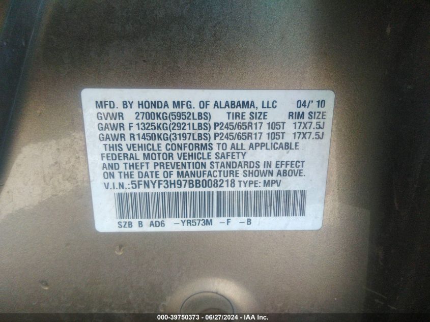 2011 Honda Pilot Touring VIN: 5FNYF3H97BB008218 Lot: 39750373