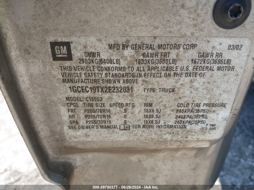 2002 Chevrolet Silverado 1500 Ls VIN: 1GCEC19TX2E232031 Lot: 39750377