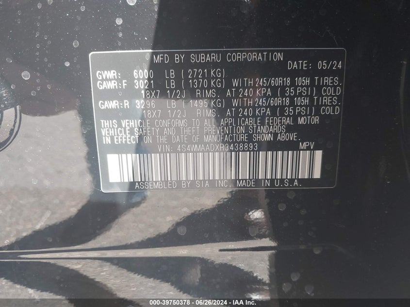 2024 Subaru Ascent VIN: 4S4WMAADXR3438893 Lot: 39750378