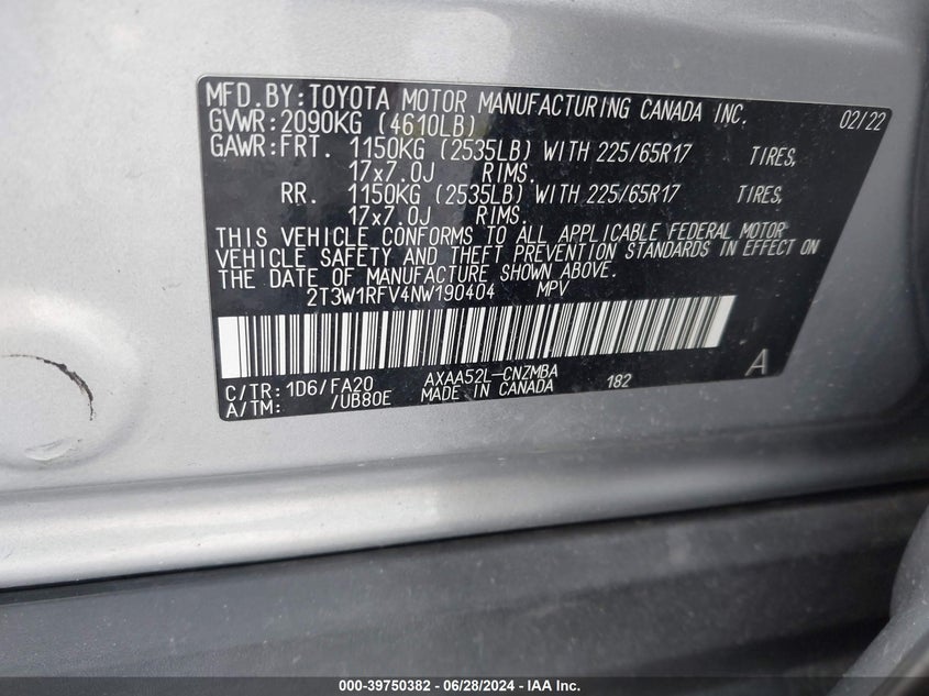 2022 TOYOTA RAV4 XLE/XLE PREMIUM - 2T3W1RFV4NW190404