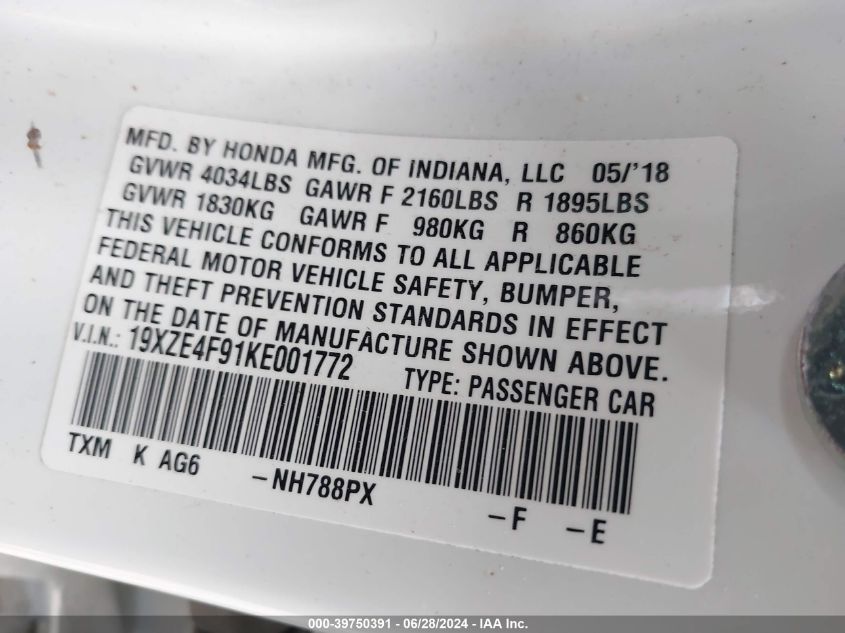 2019 Honda Insight Touring VIN: 19XZE4F91KE001772 Lot: 39750391