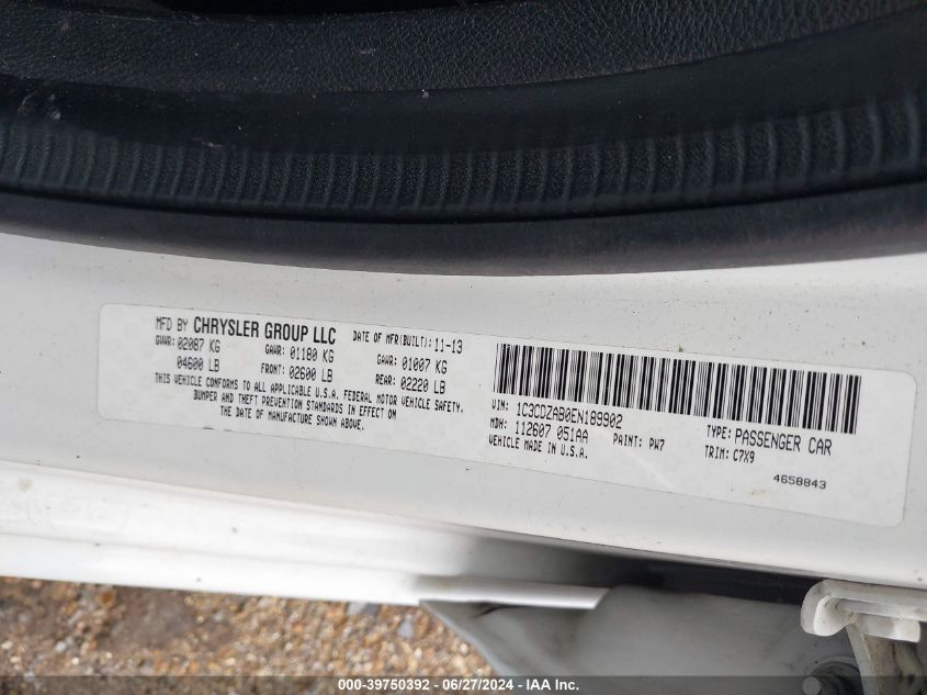 2014 Dodge Avenger Se VIN: 1C3CDZABOEN189902 Lot: 39750392