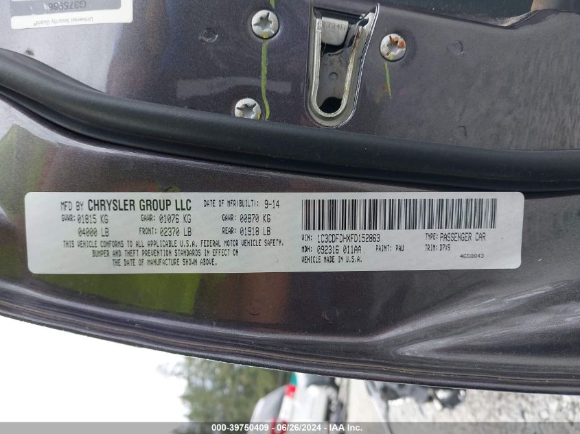 2015 Dodge Dart Aero VIN: 1C3CDFDHXFD152863 Lot: 39750409