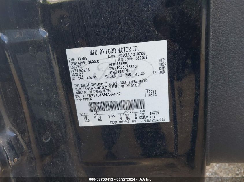 2005 Ford F-150 Xl/Xlt/Fx4 VIN: 1FTRF14515NA46867 Lot: 39750413