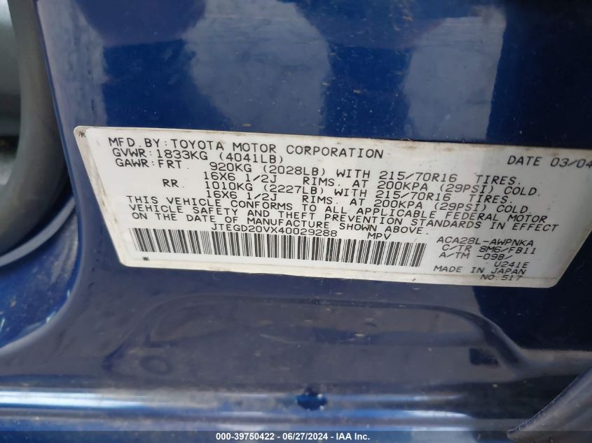 2004 Toyota Rav4 VIN: JTEGD20VX40029288 Lot: 39750422