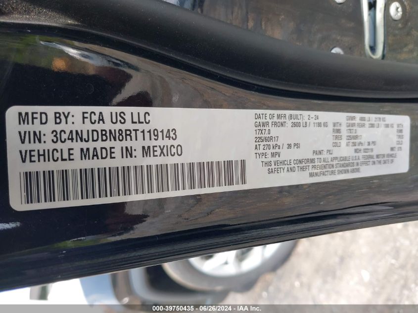 2024 Jeep Compass Latitude 4X4 VIN: 3C4NJDBN8RT119143 Lot: 39750435