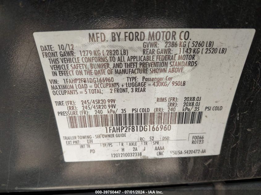 2013 Ford Taurus Limited VIN: 1FAHP2F81DG166960 Lot: 39750447