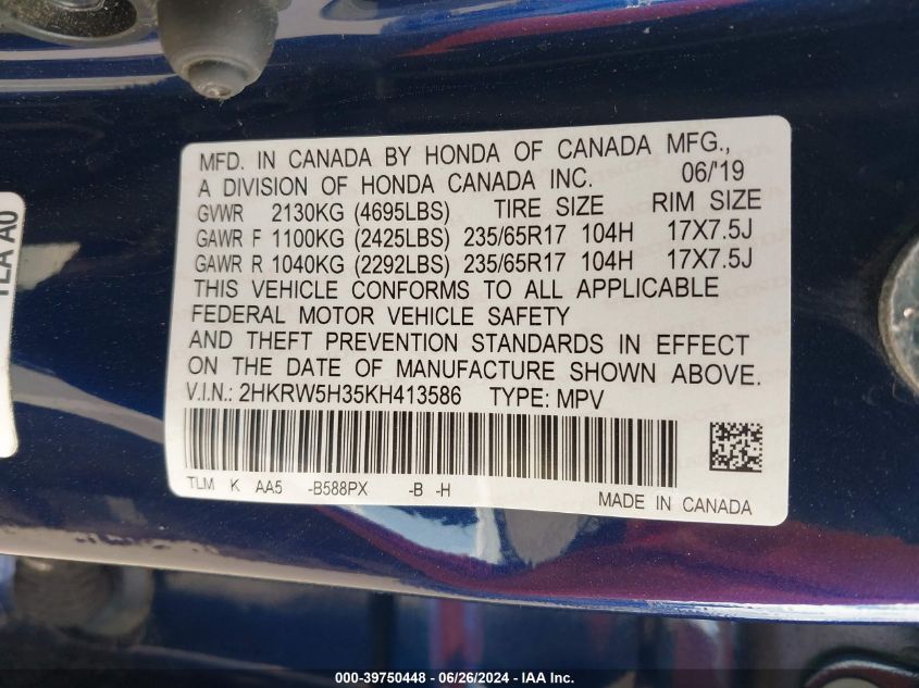 2019 Honda Cr-V Lx VIN: 2HKRW5H35KH413586 Lot: 39750448