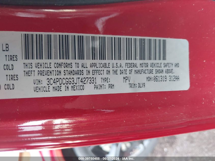 2018 Dodge Journey Crossroad VIN: 3C4PDCGG3JT427331 Lot: 39750455