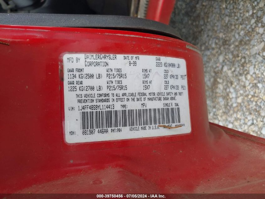 2000 Jeep Cherokee Sport VIN: 1J4FF48S9YL114413 Lot: 39750456