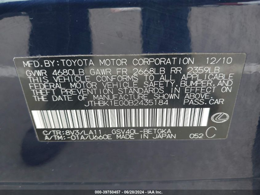 2011 Lexus Es 350 350 VIN: JTHBK1EG0B2435184 Lot: 39750457