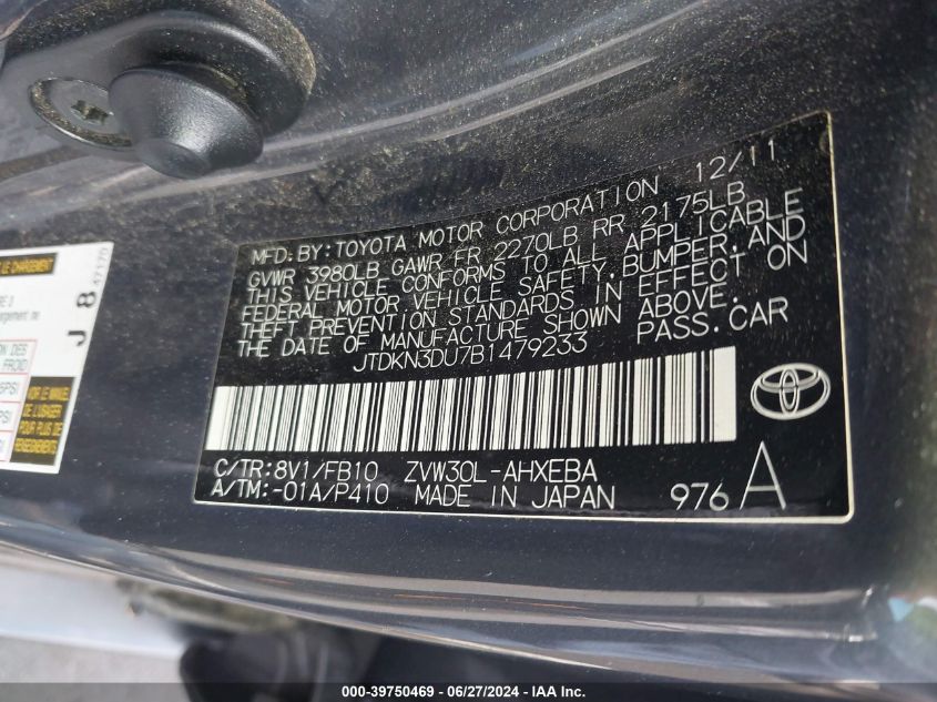 2011 Toyota Prius Two VIN: JTDKN3DU7B1479233 Lot: 39750469