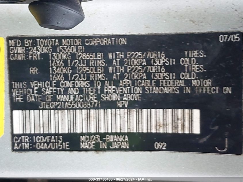 2005 Toyota Highlander Limited V6/V6 VIN: JTEGP21A550088771 Lot: 39750488