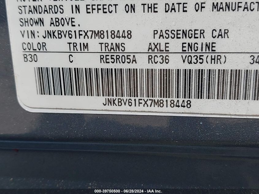 2007 Infiniti G35 VIN: JNKBV61FX7M818448 Lot: 39750500